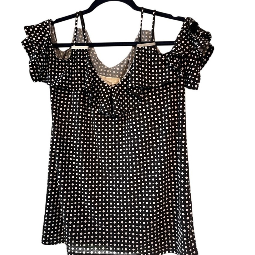 Michael Kors Womens Polka Dot‎ Cold Shoulder Ruffle Blouse Black White Medium
